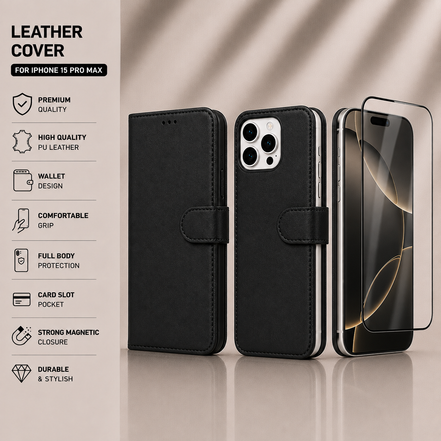 Leather Case + Tempered Glass Screen Protector for iPhone X to iPhone 17 Pro Max | Complete Protection Bundle
