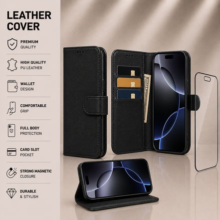 Leather Case + Tempered Glass Screen Protector for iPhone X to iPhone 17 Pro Max | Complete Protection Bundle
