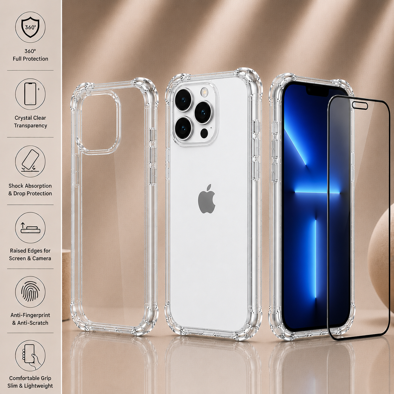 Transparent Air Cushion Case with 9H Screen Protector for iPhone X to 17 Pro Max