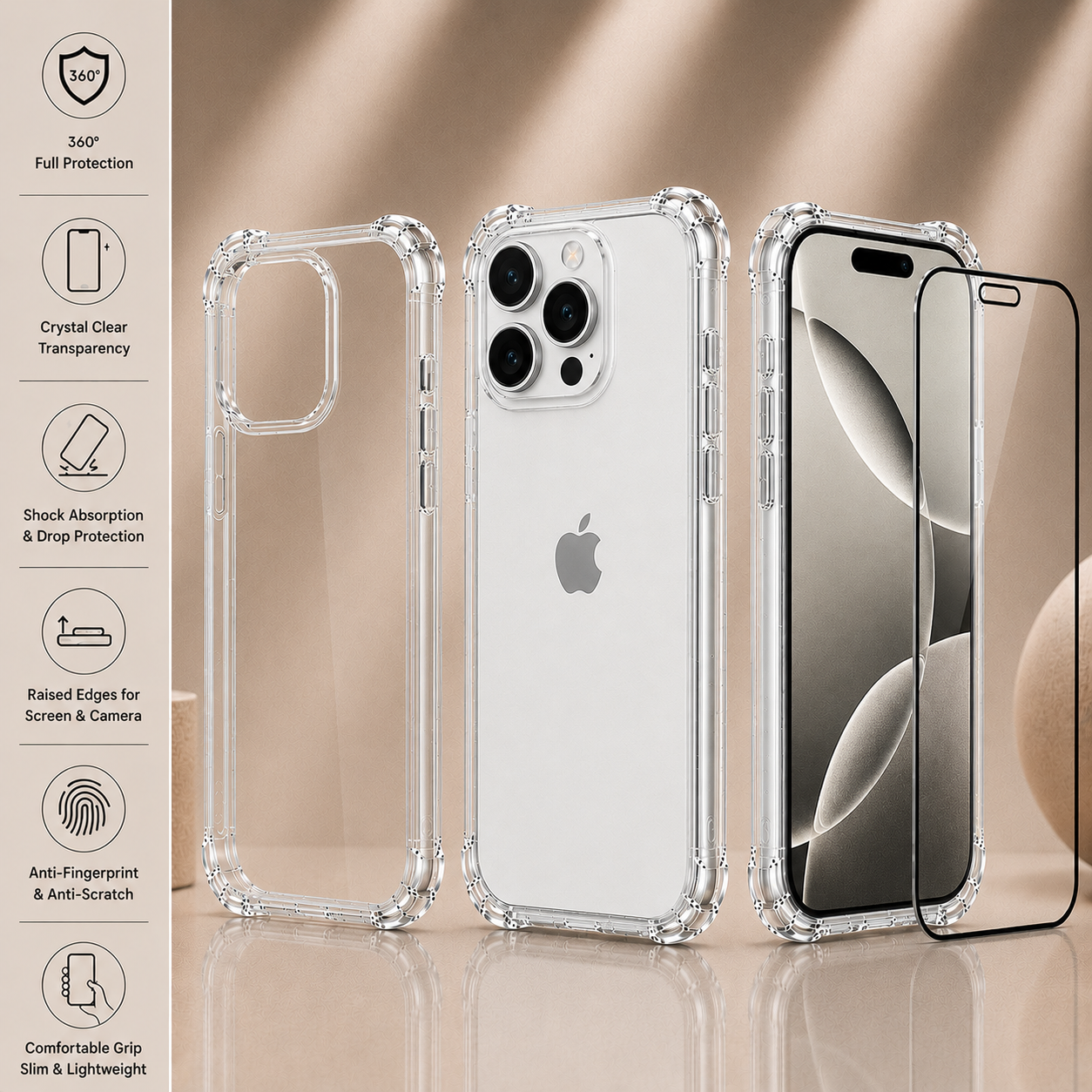 Transparent Air Cushion Case with 9H Screen Protector for iPhone X to 17 Pro Max