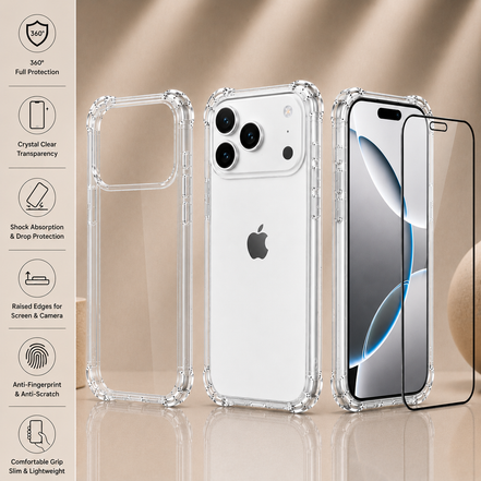 Transparent Air Cushion Case with 9H Screen Protector for iPhone X to 17 Pro Max