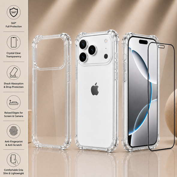 Transparent Air Cushion Case with 9H Screen Protector for iPhone X to 17 Pro Max