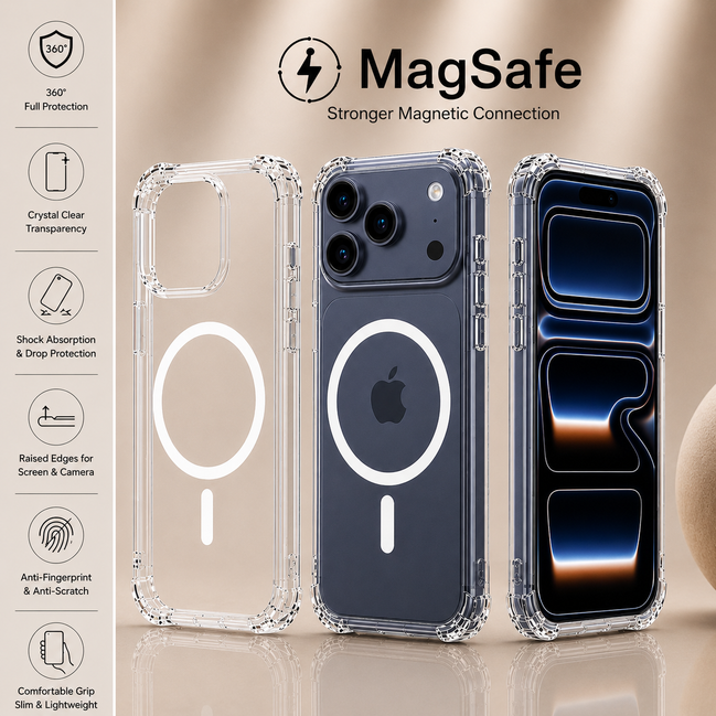 MagSafe Air Cushion Case for iPhone 12–17 Pro Max | Shockproof Transparent Cover