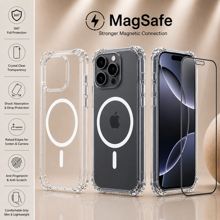 MagSafe Air Cushion Case + 9H Tempered Glass Screen Protector for iPhone 12–17 Pro Max