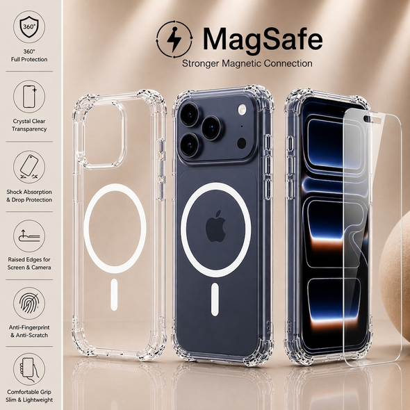 MagSafe Air Cushion Case + 9H Tempered Glass Screen Protector for iPhone 12–17 Pro Max