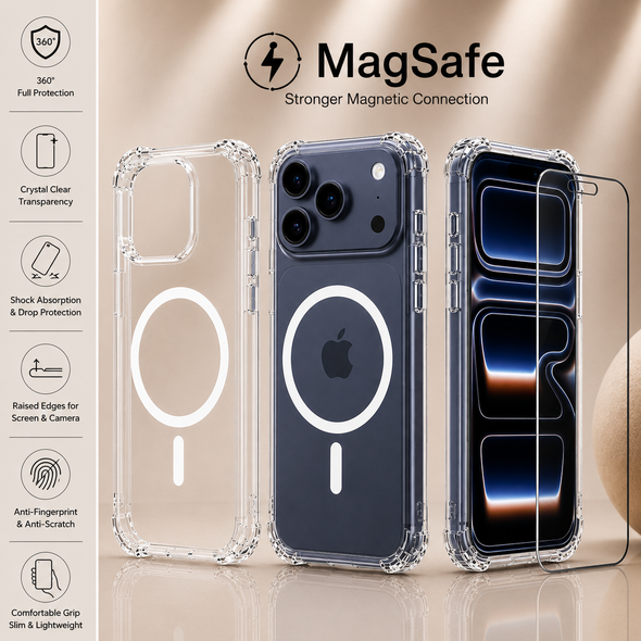 MagSafe Air Cushion Case + 9H Tempered Glass Screen Protector for iPhone 12–17 Pro Max