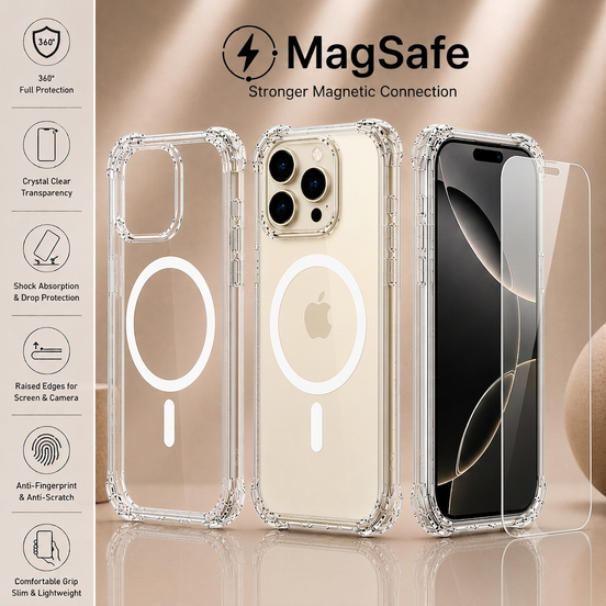 MagSafe Air Cushion Case + 9H Tempered Glass Screen Protector for iPhone 12–17 Pro Max