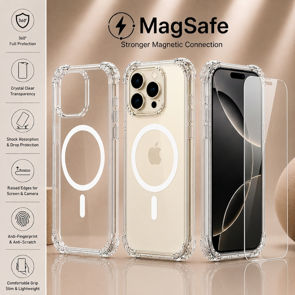 MagSafe Air Cushion Case + 9H Tempered Glass Screen Protector for iPhone 12–17 Pro Max
