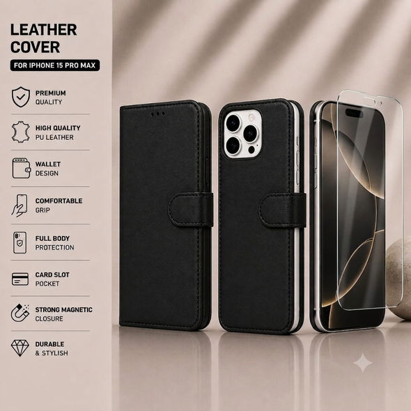 Leather Case + Tempered Glass Screen Protector for iPhone X to iPhone 17 Pro Max | Complete Protection Bundle