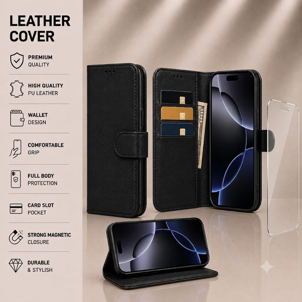 Leather Case + Tempered Glass Screen Protector for iPhone X to iPhone 17 Pro Max | Complete Protection Bundle