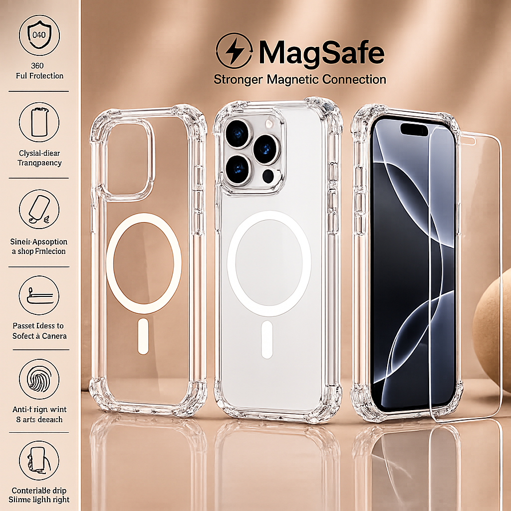 MagSafe Air Cushion Case + 9H Panzerglas fur iPhone 12–17 Pro Max