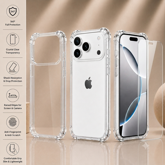 Transparent Air Cushion Case with 9H Screen Protector for iPhone X to 17 Pro Max