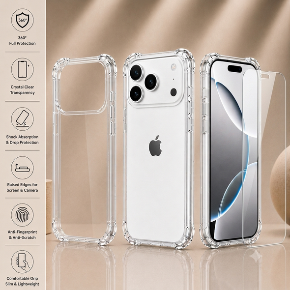 Transparent Air Cushion Case with 9H Screen Protector for iPhone X to 17 Pro Max