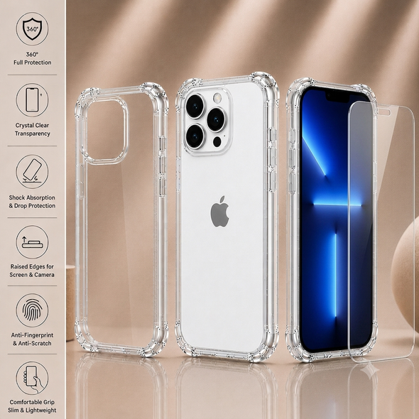 Transparent Air Cushion Case with 9H Screen Protector for iPhone X to 17 Pro Max