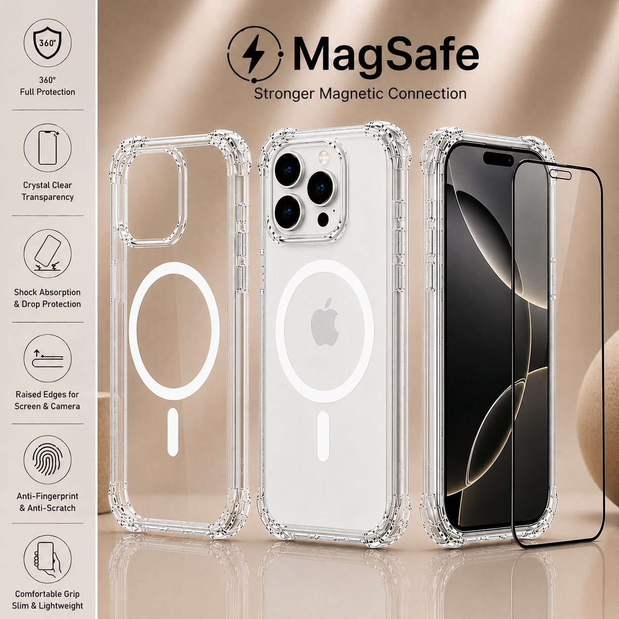 MagSafe Air Cushion Case + 9H Tempered Glass Screen Protector for iPhone 12–17 Pro Max
