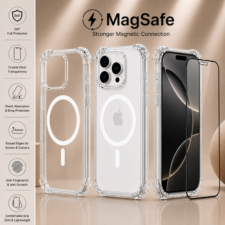 MagSafe Air Cushion Case + 9H Tempered Glass Screen Protector for iPhone 12–17 Pro Max