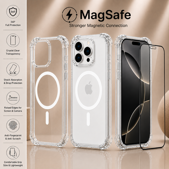 MagSafe Air Cushion Case + 9H Tempered Glass Screen Protector for iPhone 12–17 Pro Max