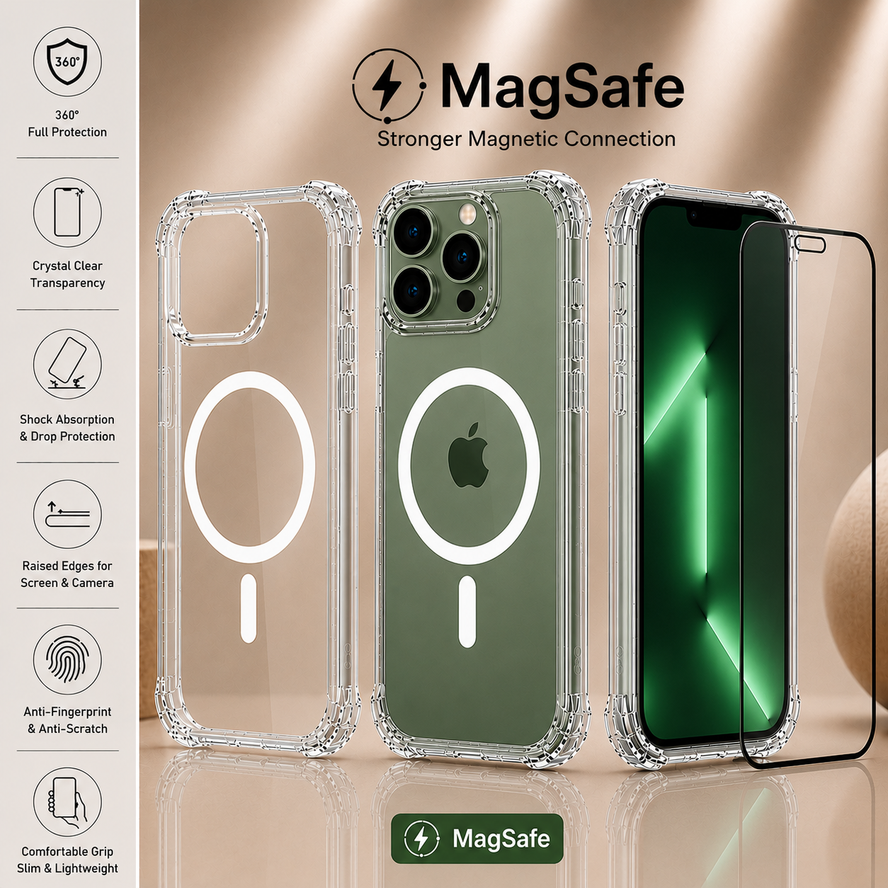 MagSafe Air Cushion Case + 9H Tempered Glass Screen Protector for iPhone 12–17 Pro Max